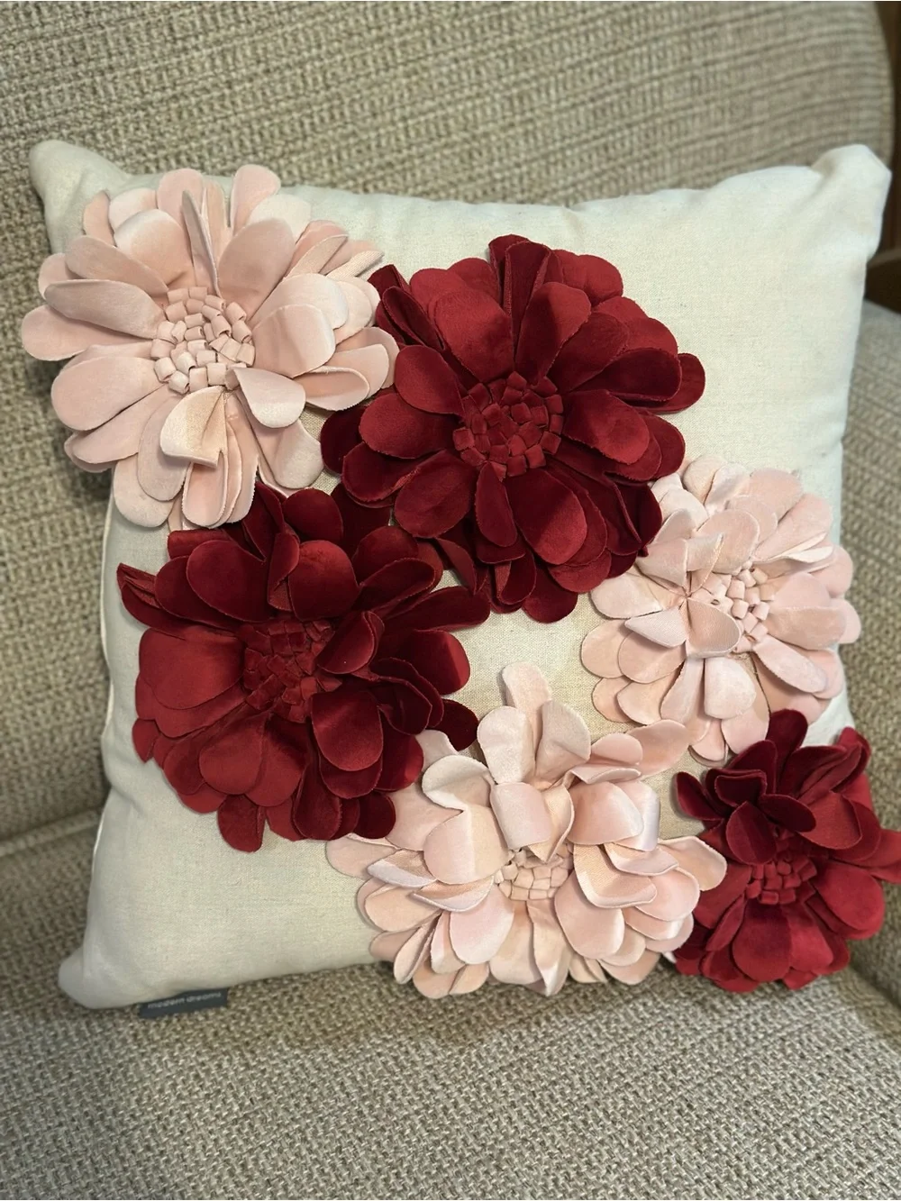 Velvet Floral Appliqué Accent Pillow in Blush and Burgundy